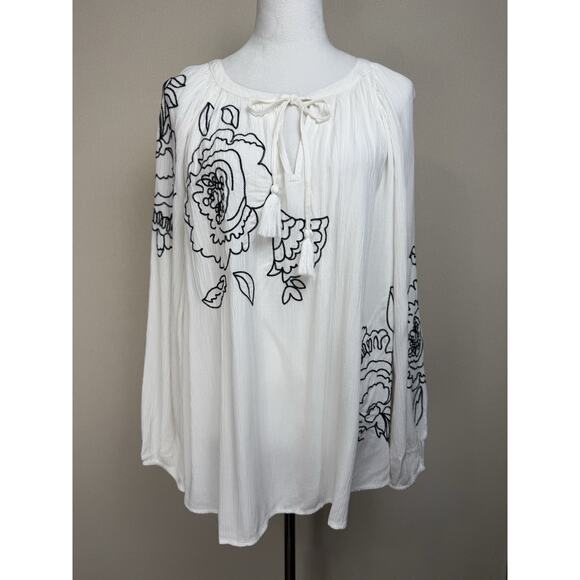 Style & Co Top Size 3X White Black Floral Embroidered Long Sleeve Tassel Cottage - Picture 1 of 12